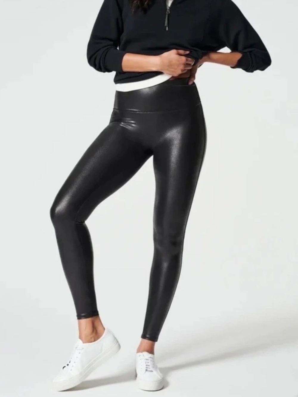 SPANX Black Faux Leather Leggings, Size 1X Petite